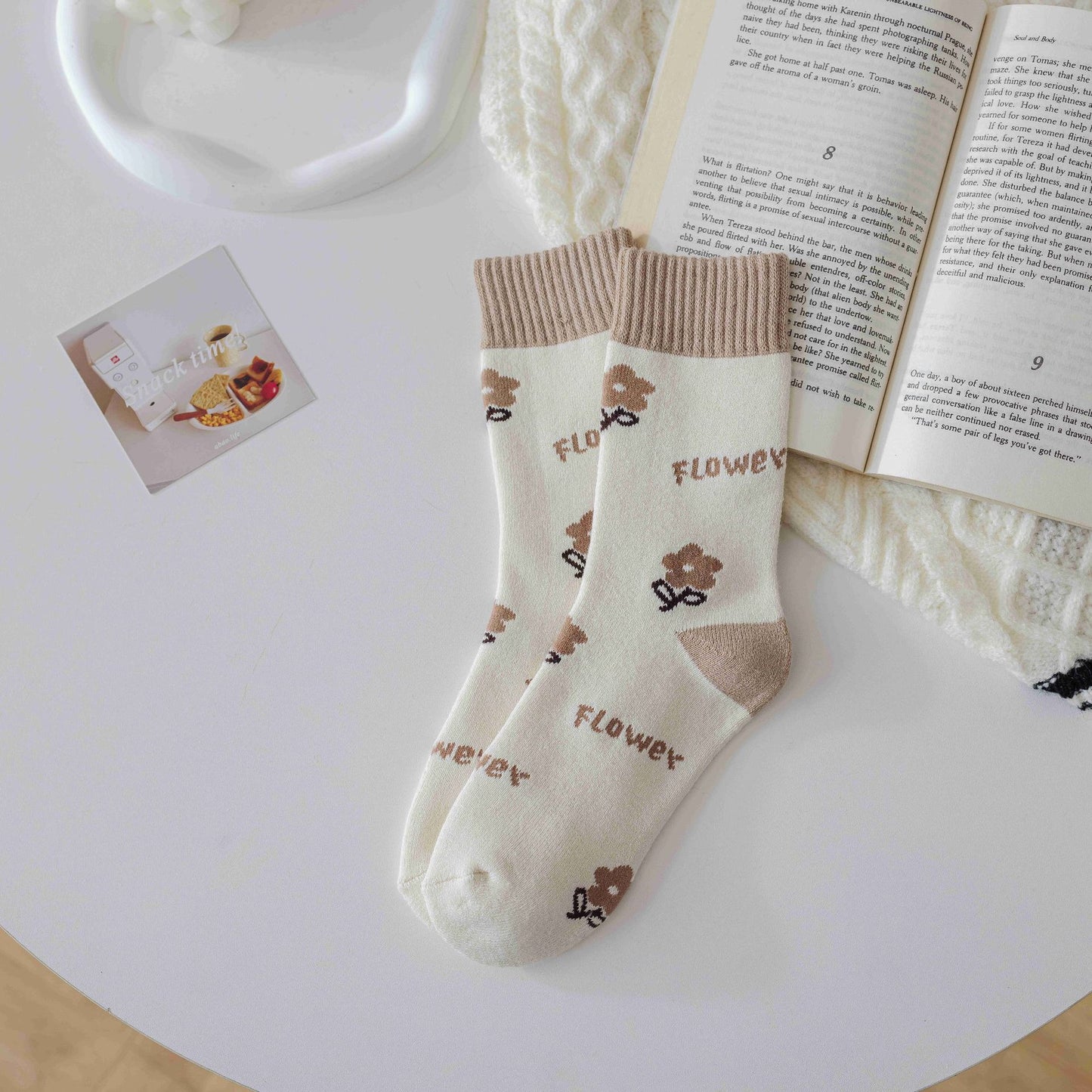 Socks Female Coffee Color System Wool Ring Plaid Towel Casual Thickened Warm Mid-tube Socks